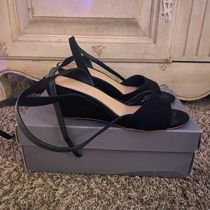 LOFT Ankle strap suede wedge. Low heel. Worn. 9.5